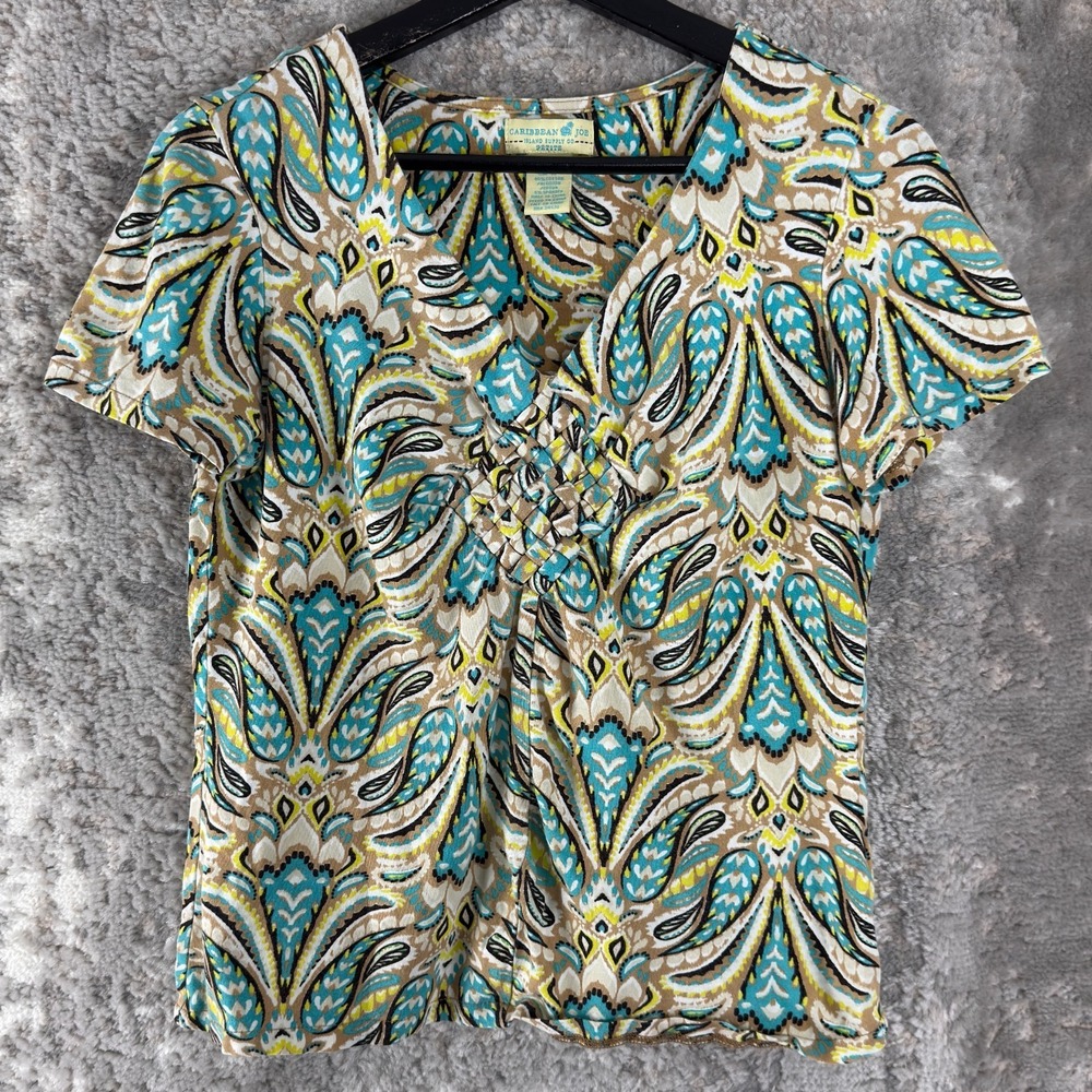 Caribbean‎ Joe Petite Size PM Stretch Bogo Tropical V Neck Top Short Sleeve